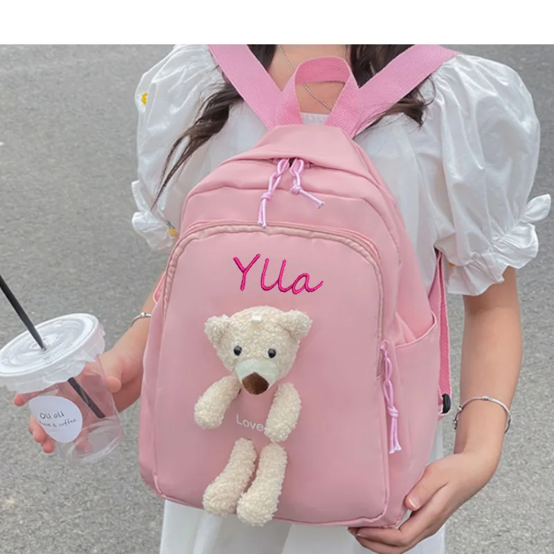 Personalized New Kindergarten School Bag for Girls Solid Color Double Layer Cartoon Bear Bag for Boys Shoulder Bag