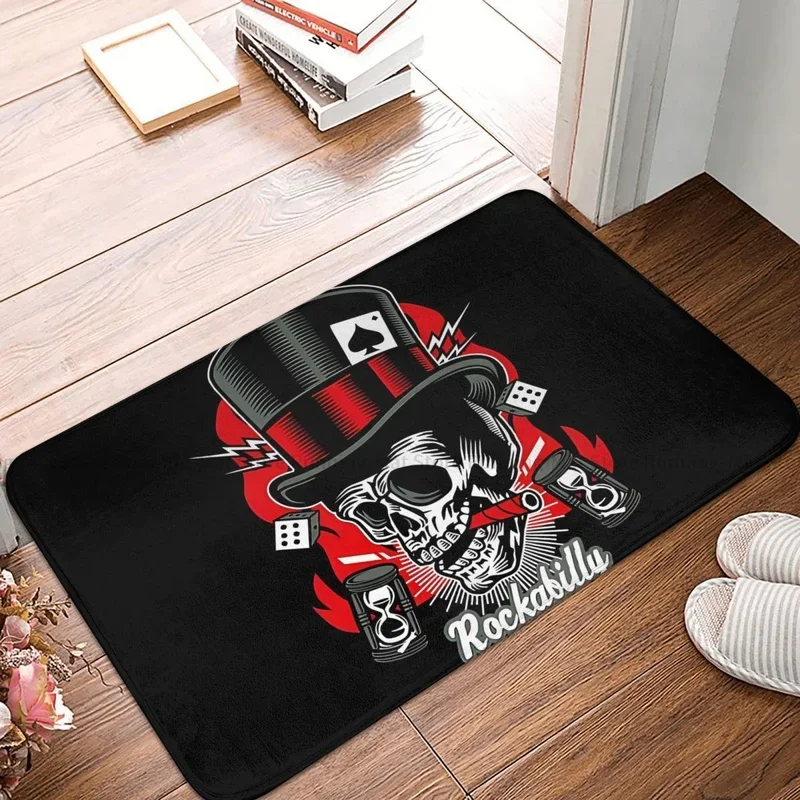 Rock N Roll Bathroom Non-Slip Carpet Rockabilly Rock Skull Living Room Mat Entrance Door Doormat Floor Decor Rug # 0%