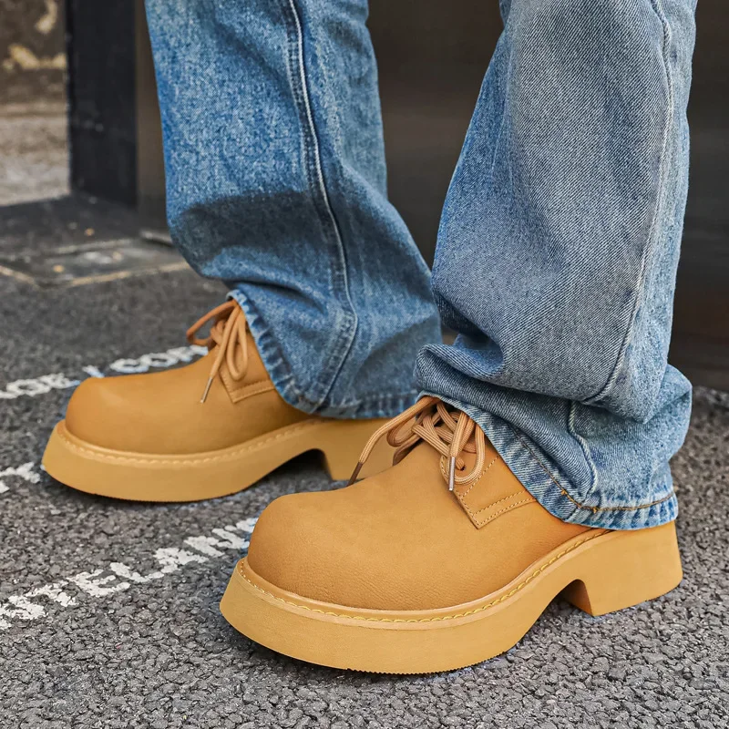 

PopMen's Thick Sole Big Toe Trendy Shoes Mens Casual Leather Derby Shoes Men Lace-up Heightened Shoe