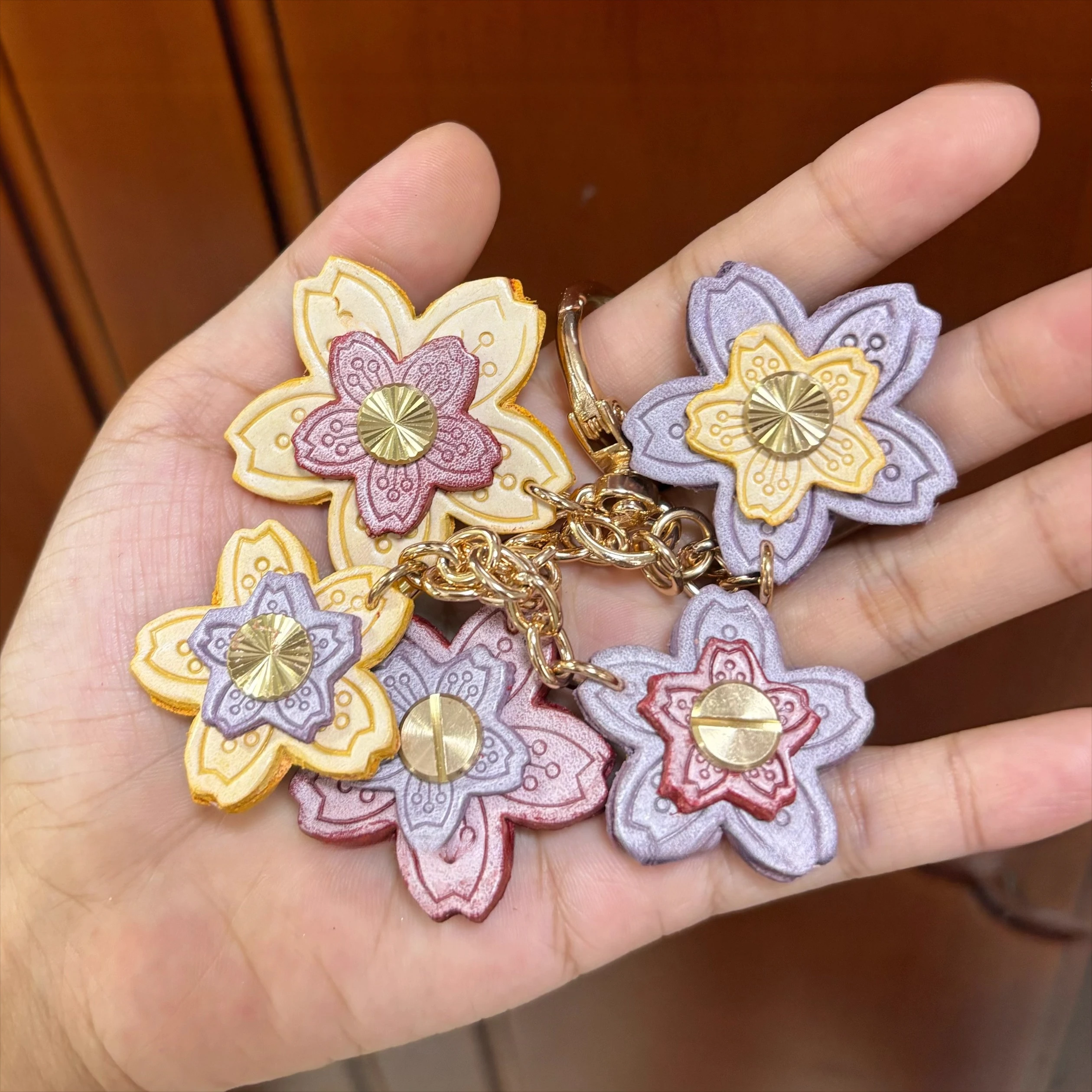 Genuine leather top layer cowhide cherry blossom bag pendant flower ornament car keychain ornament bag hanging ornament Vintage