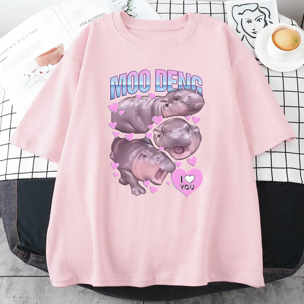 Moo Deng Hippo T-shirt Bawełniane letnie koszulki damskie z krótkim rękawem Ropa De Mujer Casual Cartoon Graphic Printing Tee-shirt O-neck