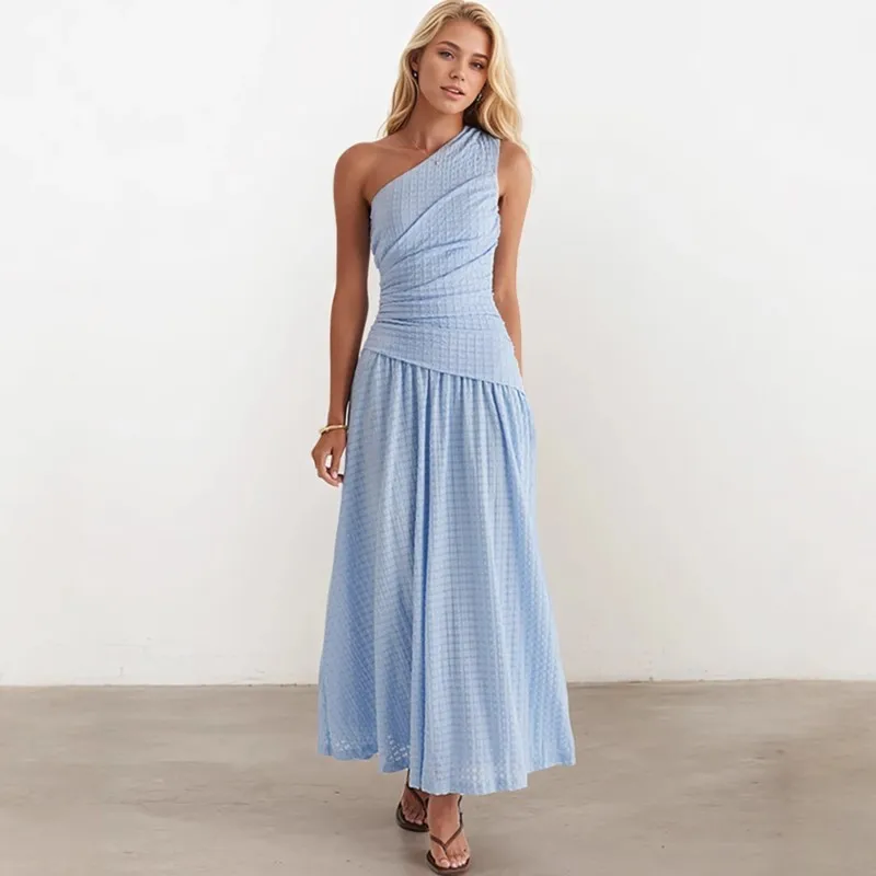 

Summer Elegant Strapless Maxi Dress Women's Slanted Shoulder Ruched Long Sundress Sleeveless Flowy Waverg Dresses Party Clubwear