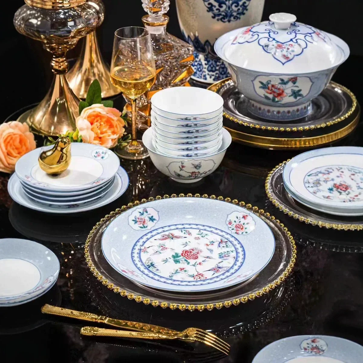 Jingdezhen High-end Tableware Set, Gift-glazed White Porcelain Bowls, Plates, Plates, Glazed Colored Bowls, Plates, PlatesX9