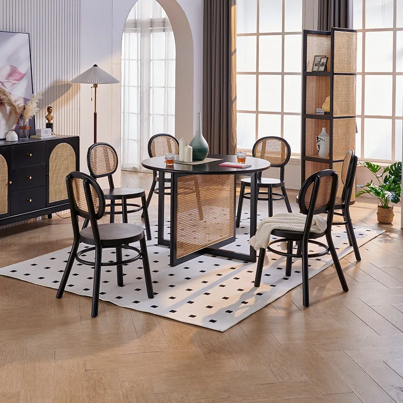 

Nordic Minimalist Black Round Rattan-Woven Solid Wood Dining Table and Chair Set