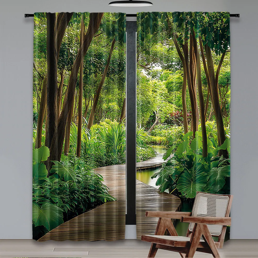 2Pcs Jungle Curtain Deep Forest With Wooden Pier And River Refreshing Exotic Nature Wild For Bedroom Living Room And Dining Room