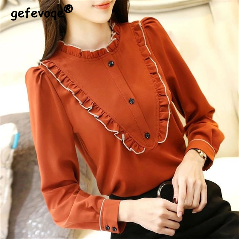 

Women Ruffle Elegant Sweet Blouses Korean Fashion Stand Collar Long Sleeve Shirts Casual Chic Tops 2023 Spring and Autumn Blusas