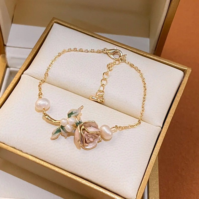 Korean Style Beautiful Irregular Pearl Rose Flower Bracelets For Women 2022 New