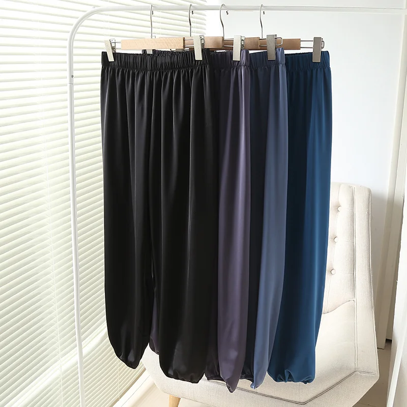 BANA High Waist Elastic Waist Bead Acidic Satin Thin Casual Pants Street Style Summer Collection Nine Points Cuffed Loose Fit
