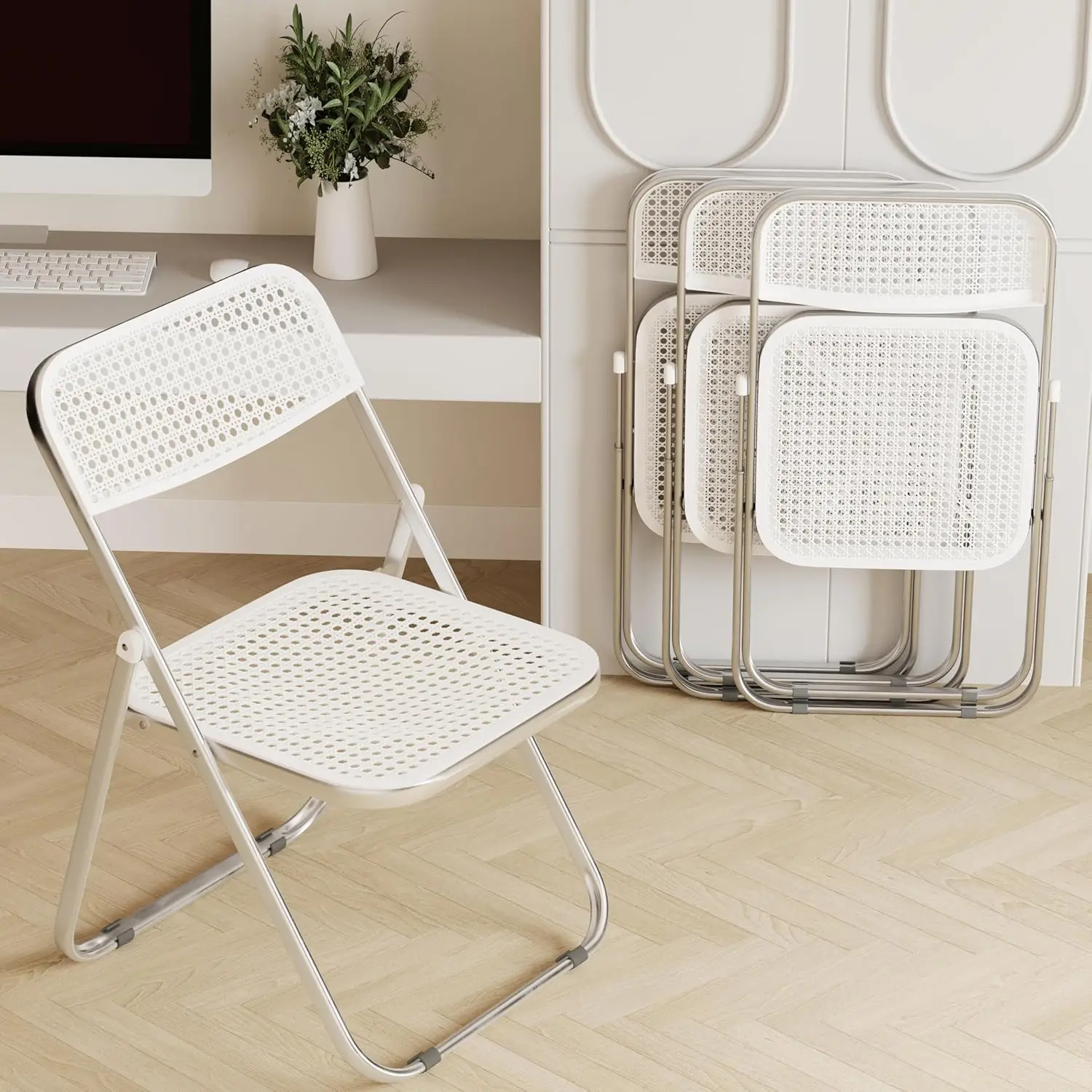 

Складные стулья из стальной рамы, выдерживающие нагрузку до 300 фунтов, для использования в помещении и на улице, для вечеринок, комплект из 4 штук, белые, с возможностью индивидуализации