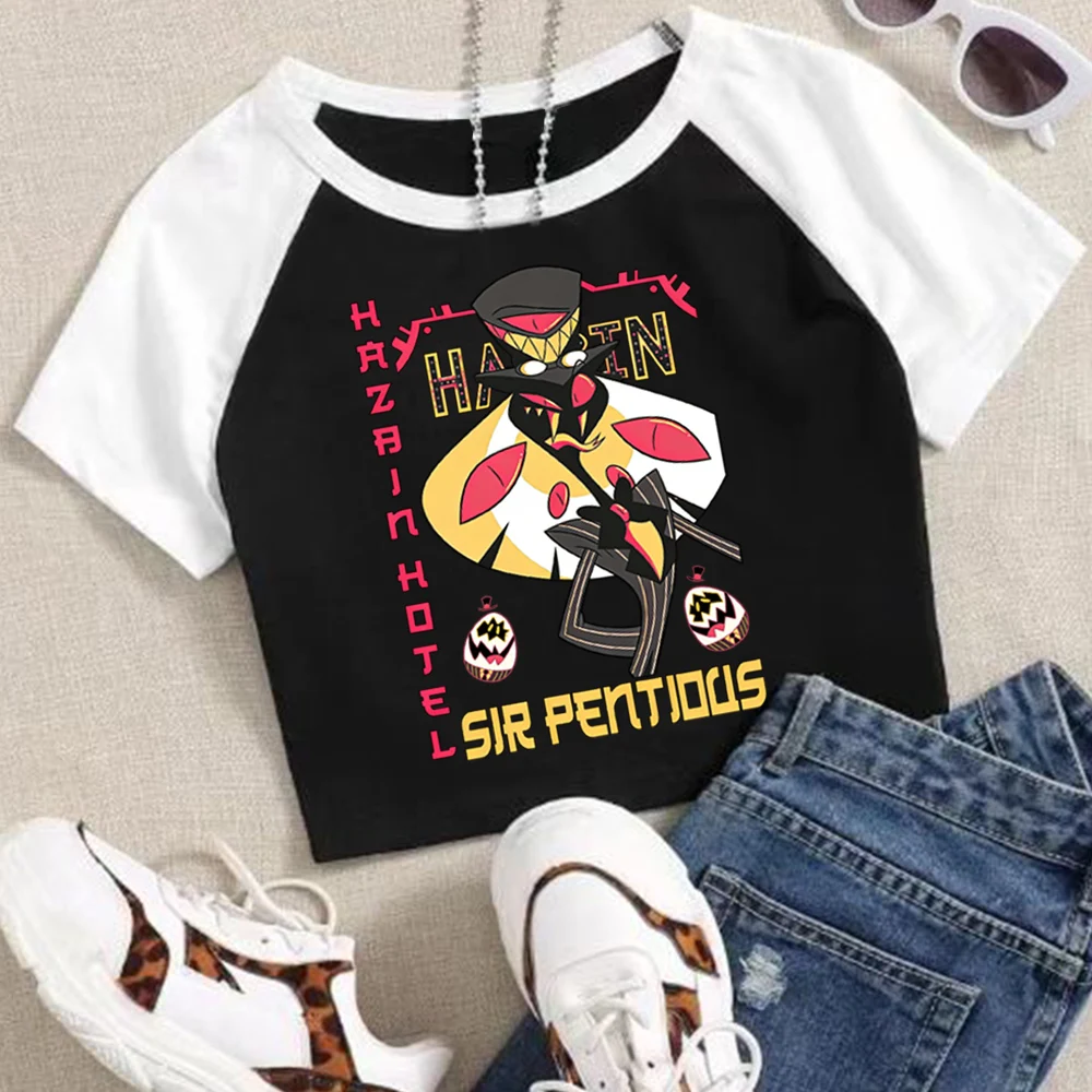 

Hazbin Hotel Sir Pentious Egg Boiz Crop Tops T-Shirt Girls Fashion Women O-Neck Short Sleeve