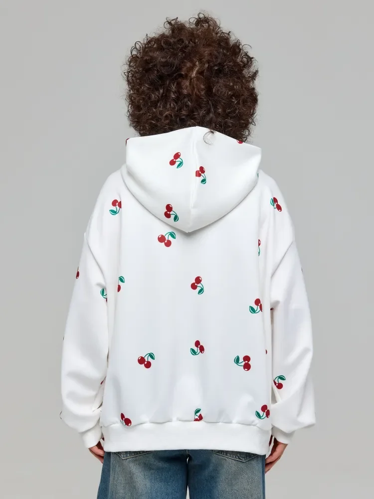 Women's cherry pattern printed hoodie zipper fashionable loose and versatile casual sports hoodie Y2K hoodie