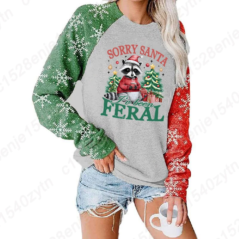 Christmas Racoon Sorry Santa I've Been Feral Print Long Sleeve T-shirt Women Loose Sweatshirts Top Comfy Fashion Pullovers S-XXL