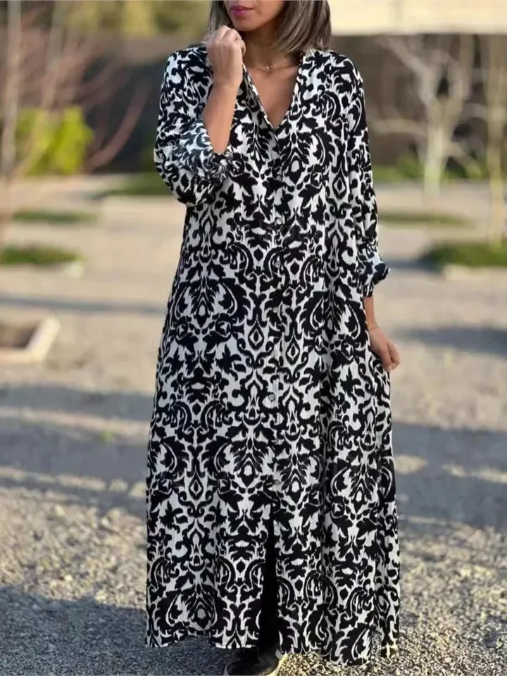 Abito camicia con stampa di moda per donna Abiti casual a maniche lunghe con bottoni Abiti larghi Robe Femme Boho Gonna da vacanza Abbigliamento donna Primavera