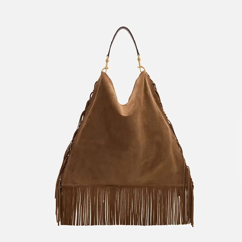 CH Leather Suede Fringe Hobo Bag Brown Large Capacity Tassel Shoulder Bag Retro Western Style Casual Handbag For Women Daily image 3