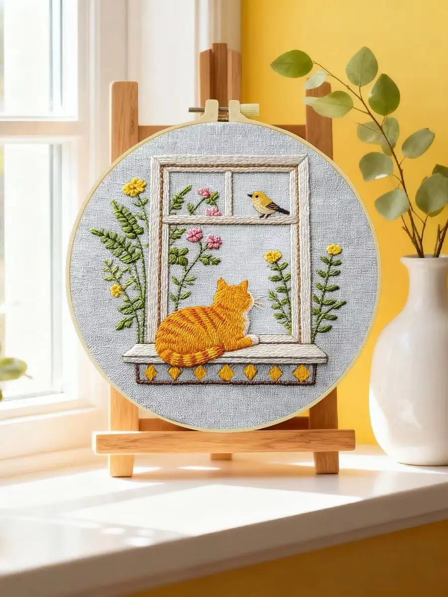 1 Stück 20X20CM/15X15CM 7,87/6,3 Zoll Die Katze am Fenster Stickerei-Starter-Kit DIY-Kit DIY-Stickerei-Set Handarbeiten Nadelkunst – Detail 6