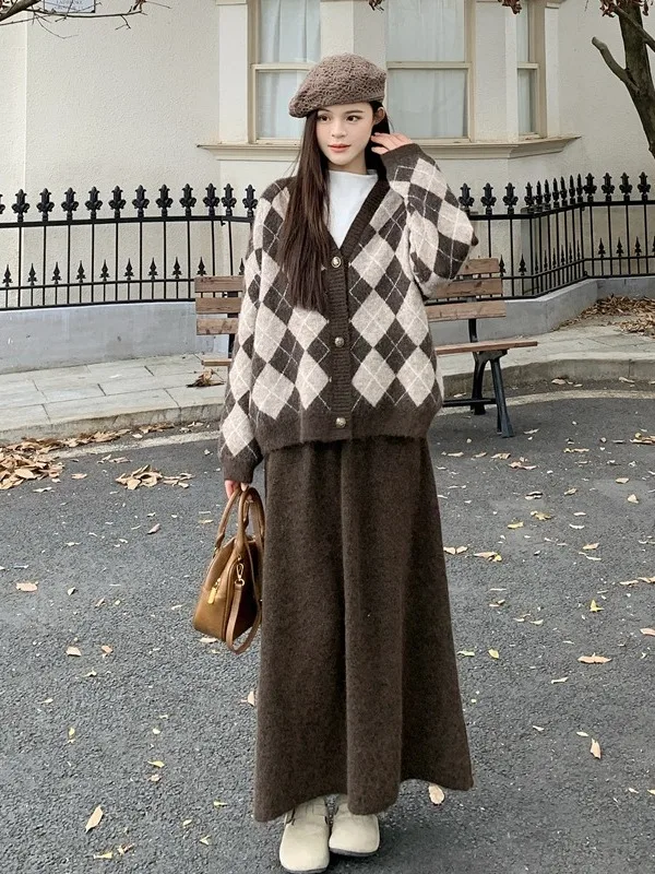 

plus Size Knitted Sweater Coat Women's Autumn Winter New Sle Slimming Agel Plaid f Skirt Set Comfortable Korean Sle