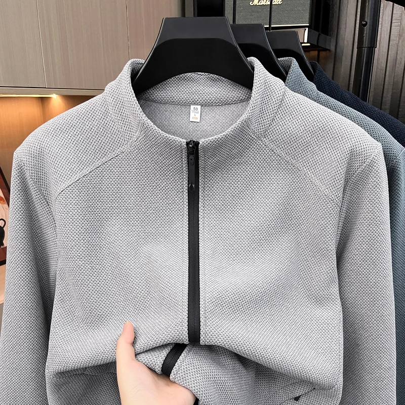 New High End Quality Zip Solid Color Stand Collar Jacket Autumn Winter Warm Original Long Sleeve Top Casual Outerwear Men's Wear