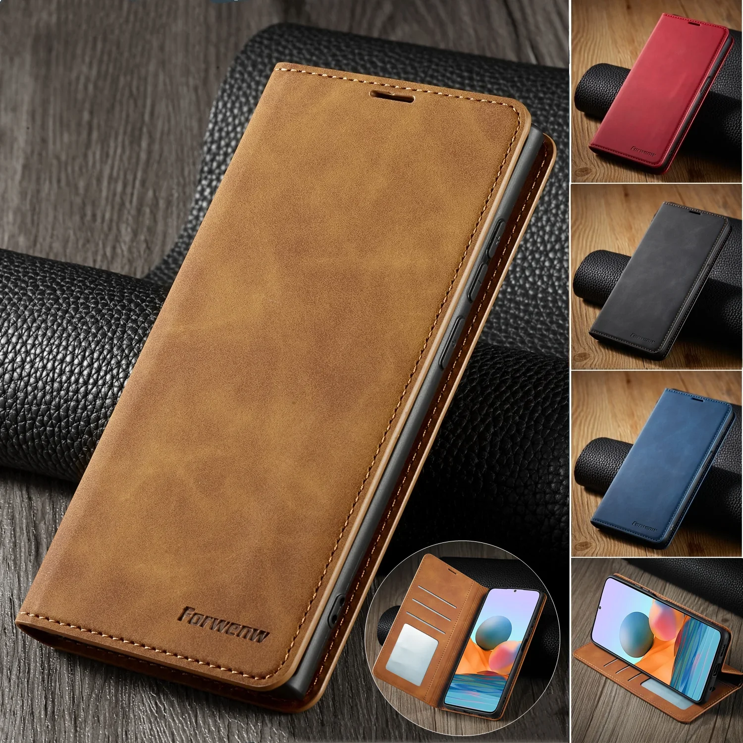 Leather Flip Phone Case For Xiaomi Redmi Note 13 12 11 Pro Plus 11S 10S 9S 13C 9 9C Mi Poco X3 X5 M6 Pro Card Wallet Cover