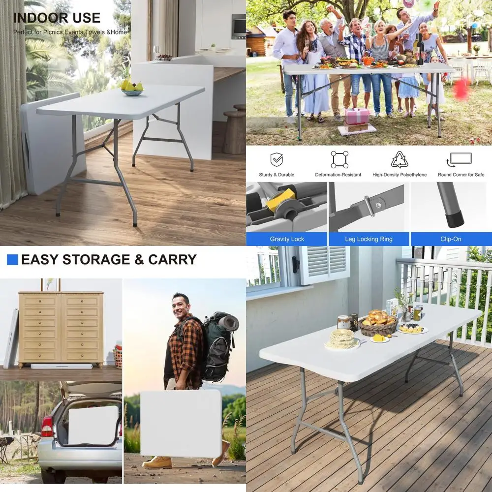 

6-футовый портативный сверхпрочный пластиковый складной стол с замком и ручкой для переноски, идеально подходит для использования на открытом воздухе и в помещении, белый