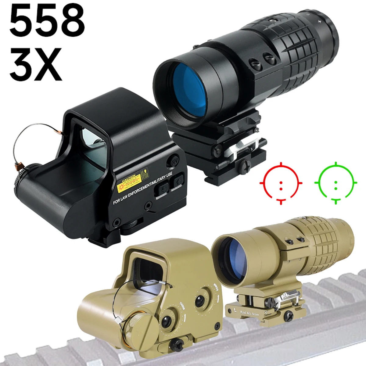 

3X Magnifier Tactical Optics 553 558 Holographic Scope Sight Combo with Flip-up Mount Hunting Red Green Dot Sight for 20mm Rail