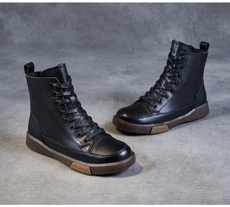 DRKANOL Frauen Echtes Leder Kurze Stiefel Runde Kappe Aus Echtem Leder Handgemachte Retro Street Style Winter Warme Wohnungen Stiefeletten – Detail 24