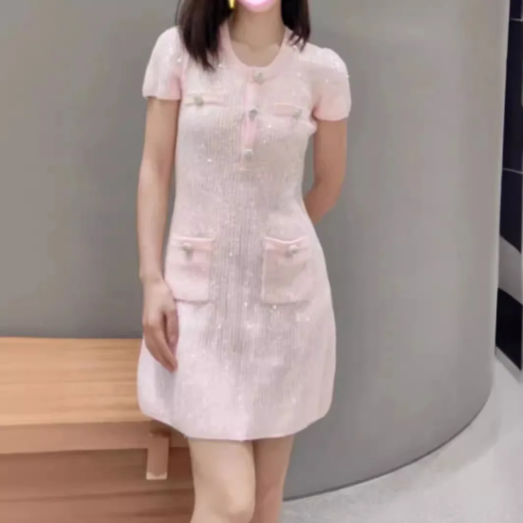 Women's Dress 2024 New Spring Diamond Studded Buttons O-neck Slim Sweet Short Sleeve Mini Robe