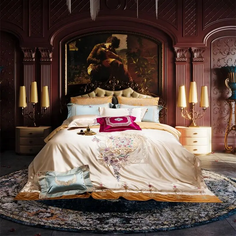 Gorgeous European Palace Flowers Embroidery Champagne Gold Brocade Egyptian Cotton Bedding Set Duvet Cover Bed Sheet Pillowcases