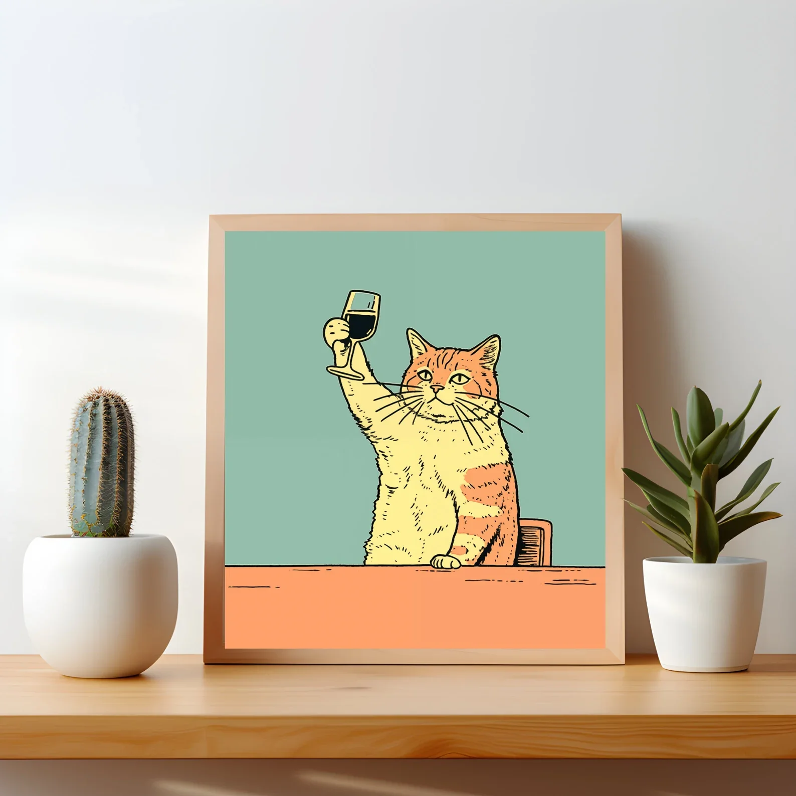 Pôster engraçado de gato de vinho: arte peculiar do carrinho de bar para decoração de bar gato bebendo impressão engraçado pôster de gato amarelo decoração de parede presente para o amor