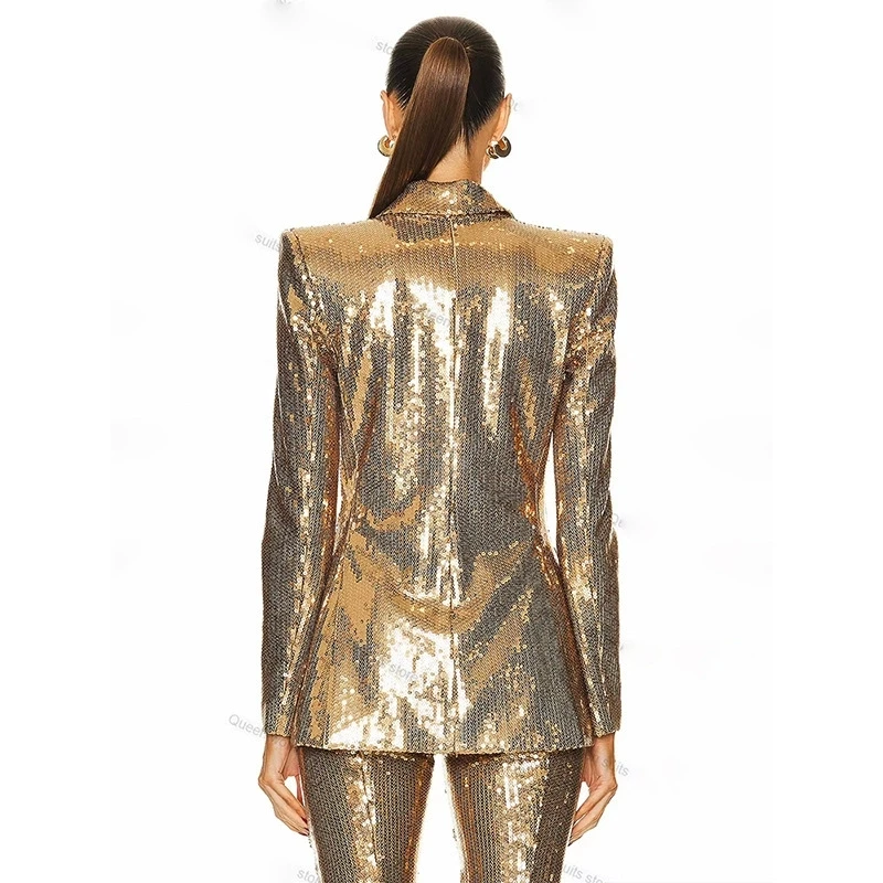 Spring And Autumn New Style Elegant Commuting Gold Glitter Women's Long Sleeved Suit Jacket Long Pants Set Two Piece Set