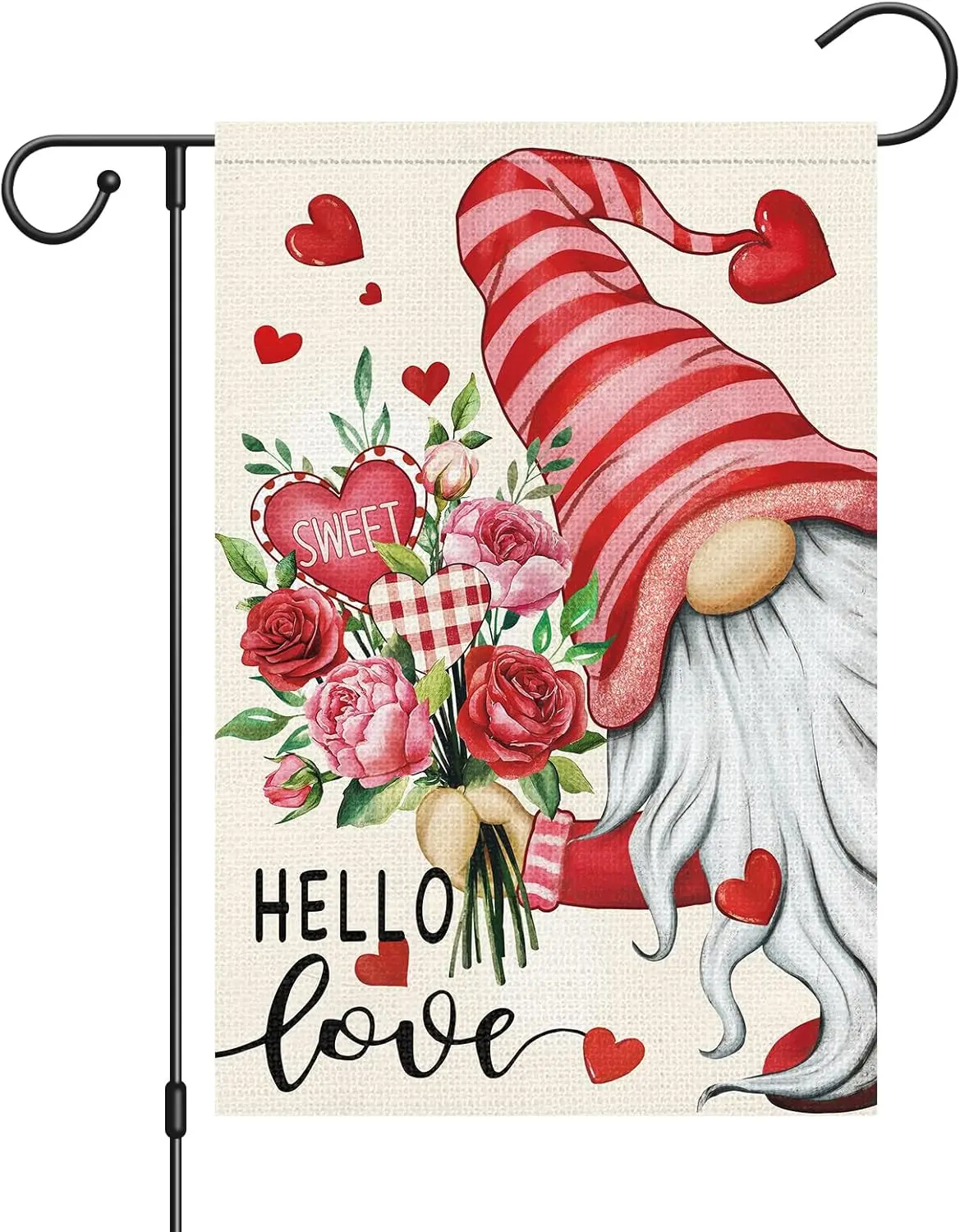 Louise Maelys Hello Love Valentine's Day Garden Flag Gnome Floral Heart 12x18 Inch Double Sided Welcome Small Burlap Spr IIK yyi