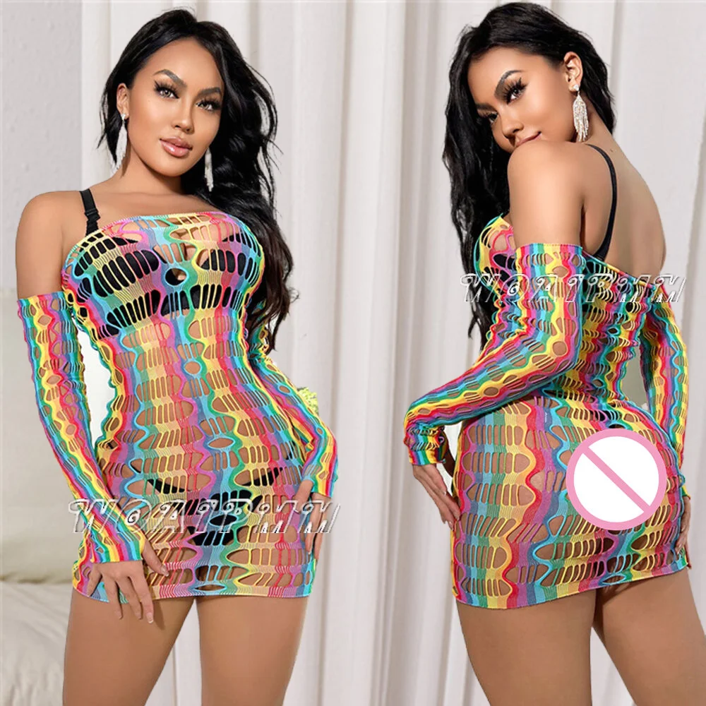 Ladies Rainbow Color Fishnet Bodycon Beach Dress Women Casual Short Skirt Erotic Mesh Hollow See Through Jumpsuit Nightdress