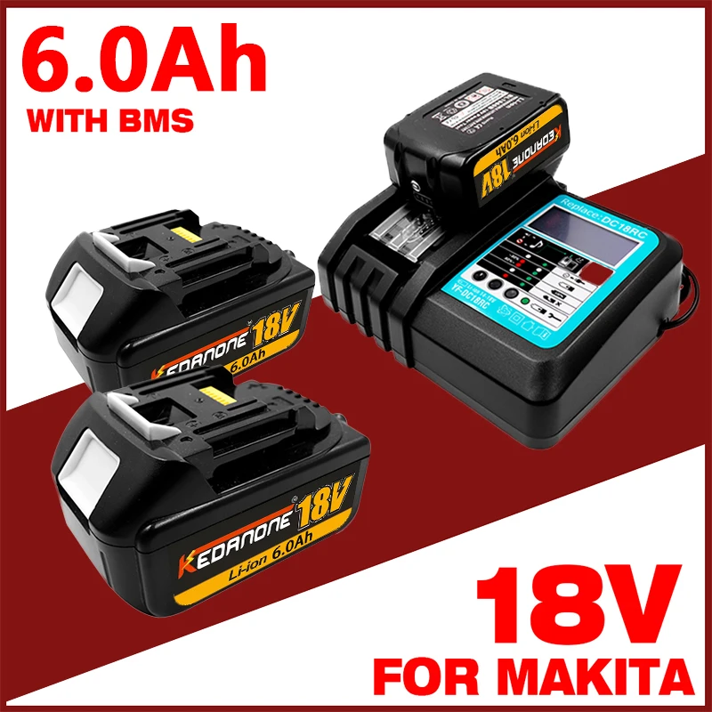 2PCS For Makita 18V 6Ah Lithium Battery+ Charger,For Power Tools BL1860 BL1850B BL1850 BL1840 Replacement Rechargeable Battery