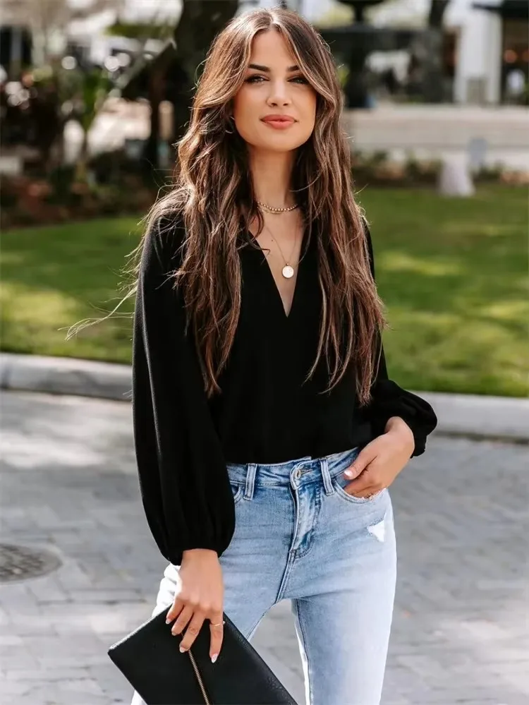 Women's Spring/Summer Style Loose Interior Shirt Women's Casual Long Sleeve Lantern Sleeve V-neck Solid Color Shirt Top