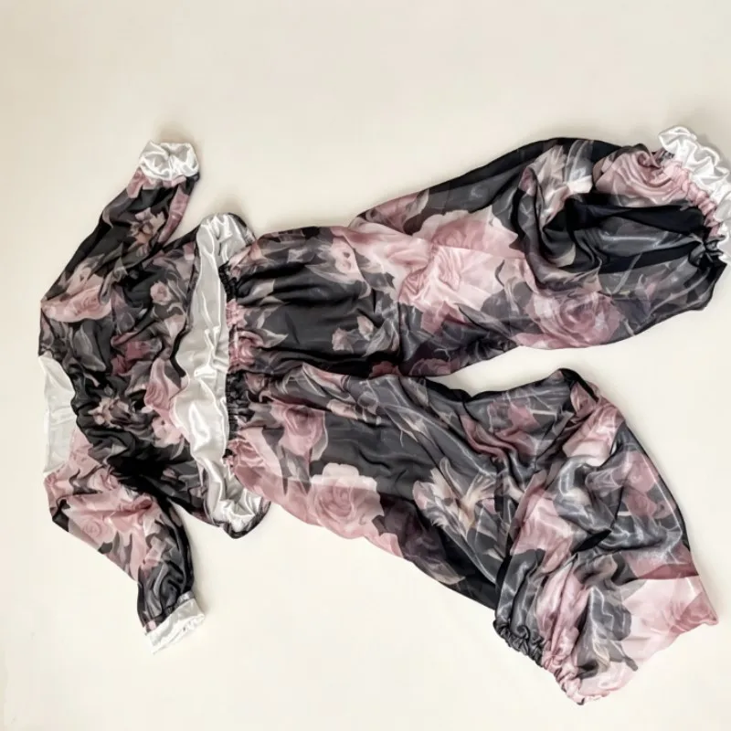 Double-layer Thin Plus Size Couple's Two-piece Set Ice Silk Lining Top Pants Floral Long Sleeve Glossy Loose Home Clothes