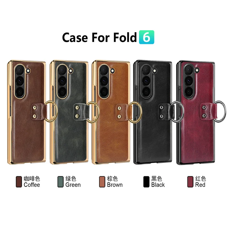 Samsungfold6Anti-Fall Ring Phone Case Crazy Horse Pattern Business Foldable Screenfold5Leather Case