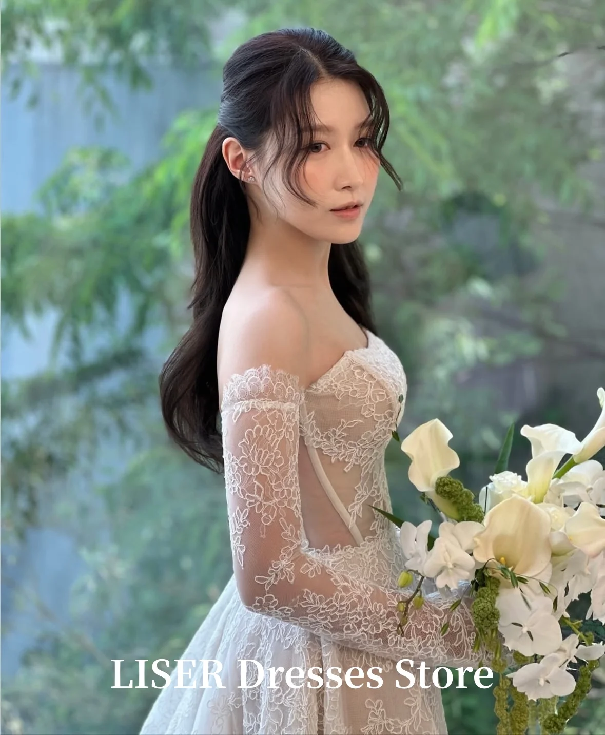 Liser Strapless A-Line Full Sleeves Korea Wedding Dresses Photo Shoot Silk Tulle Elegant Bridal Gowns 웨딩드레스 Customized