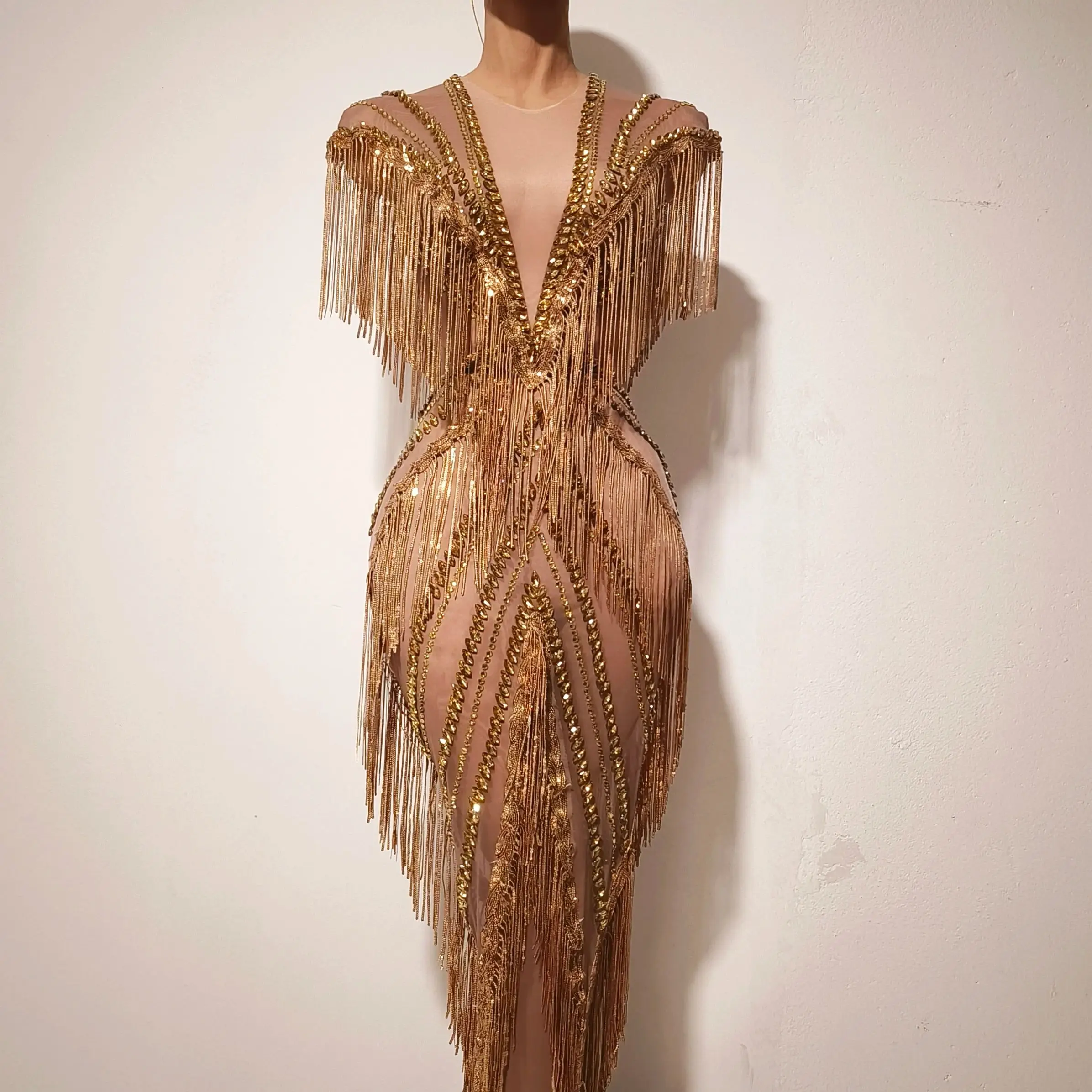 Nieuwe Vrouwen Sexy Mesh Crystal Kwastje Sparkly Maxi Jurk Zien Door Goud Zilver Party Zanger Party Kostuum Stage Performance Jurk - afbeelding 2