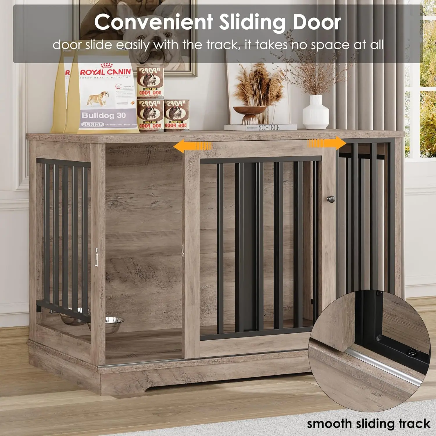 Dog Crate Furniture 47” Large Dog Kennel for Dogs Indoor, Heavy Duty Dog Cage with Sliding Door and 2 SUS Bowls Wooden End Table image 3