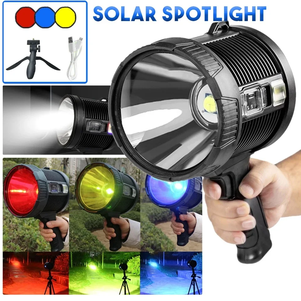 

Ultra Bright LED Flashlight USB Solar Rechargeable Outdoor Handheld Spotlight For Hunting Boating Power Bank Camping Searchlight