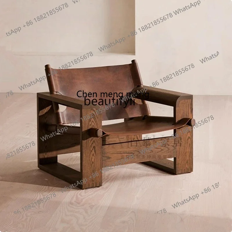 

New arrive Wabi Sand Wind Retro Solid Wood Saddle Leather Single Sofa Chair Living Room Leisure Back Chair Hotel Designer Single