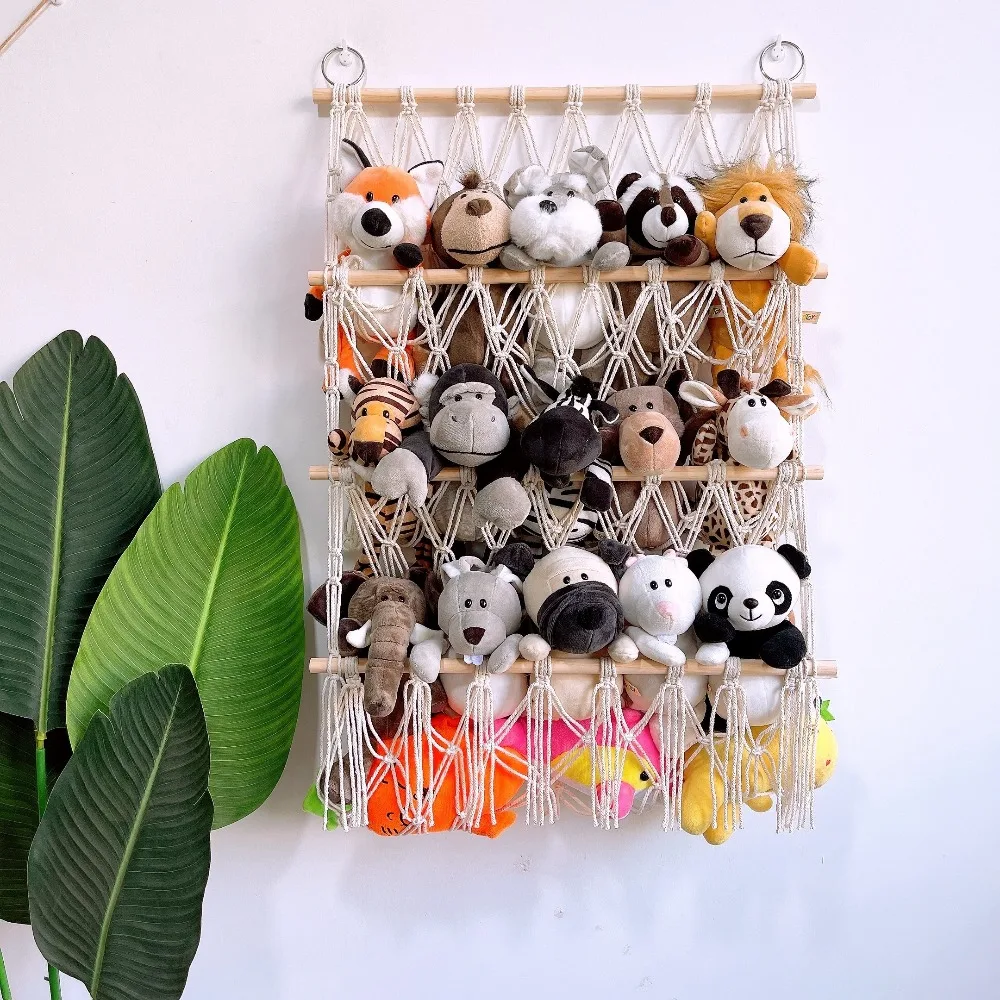 Macrame Stuffed Animal Storage Hammock Wall Hanging Toy Organizer Cotton Rope Net for Nursery Bedroom Towels Plush Toys Holder