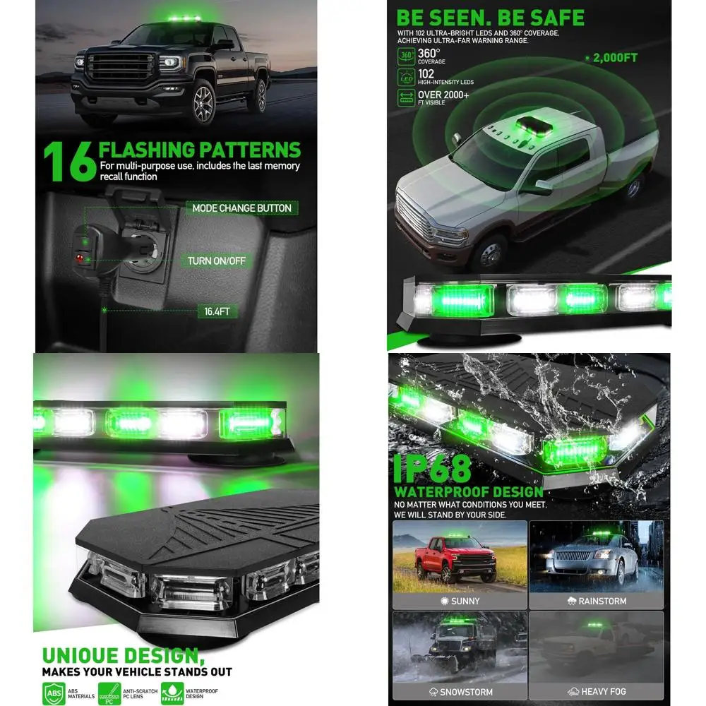 Not-Blitzlichtleiste, 102 LEDs, grün/weiß, Mini-Leuchtfeuer, Magnetfuß für 12–24 V-Fahrzeuge