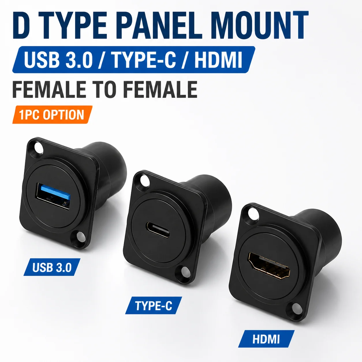 1PC D Type Panel Mount Coupler USB 3.0 Type C HDMI Female to Female Feedthrough Socket Adapter for AV Rack Cabinet Chassis Panel