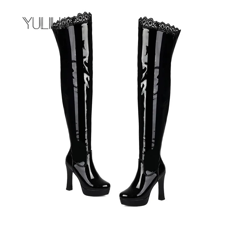 YULILIA مثير امرأة المرأة التصميم الأصلي سميكة سوليد الدانتيل حواف عالية الكعب فوق الركبة أحذية طويلة ملهى ليلي فتاة سيدة #5