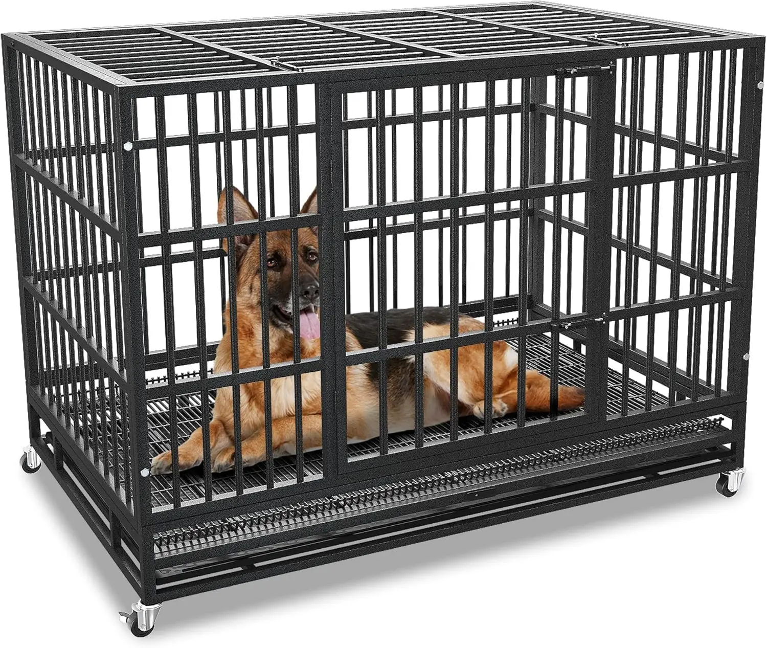 

48/42/38 Inch Heavy Duty Dog Crate Cage with Wheels, Indestructible and Escape Proof Steel Kennel Indoor for High Anxiety Dogs