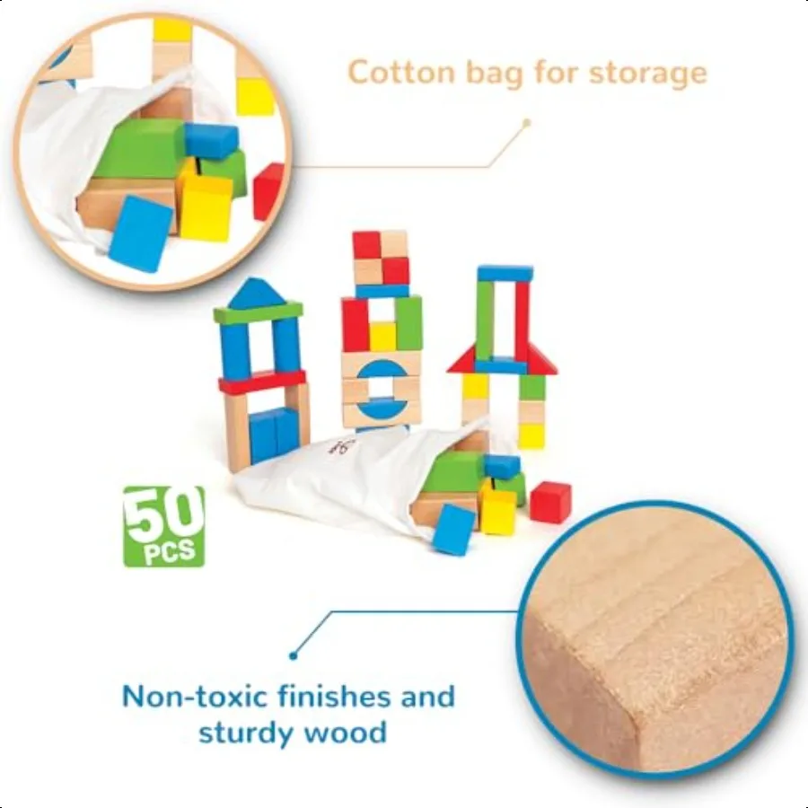 Hape Maple Wood Building Blocks Stacking Wooden Block Educational Toy Set for Toddlers 50 Brightly Colored Pieces in Assorted S