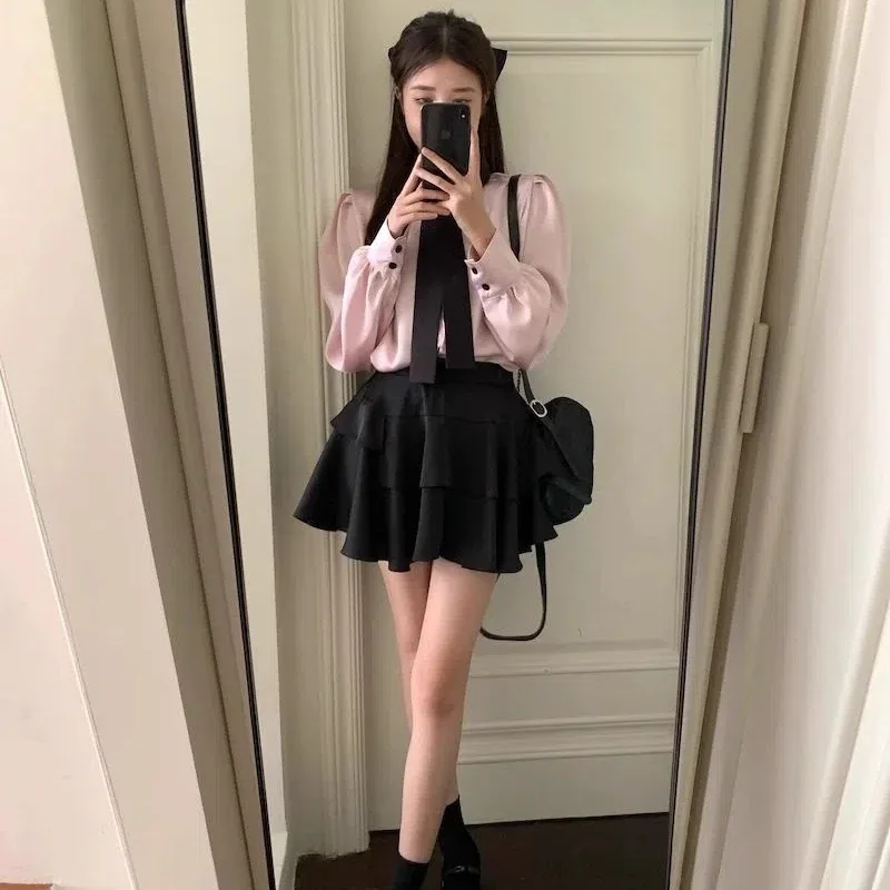 Women Clothes Contrast Korean Lacing Shirt Tops Long Sleeve Loose Youth All-match Sweet Blouse Fashion High Street Spring Autumn