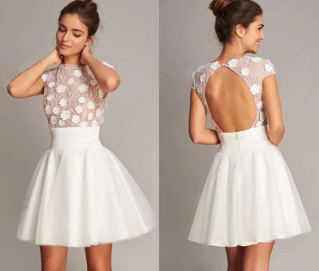 Mini Vestidos De Novia cortos De princesa sin espalda, falda romántica De flores, cuello redondo, manga De casquillo, Vestidos De fiesta De Novia Sexy