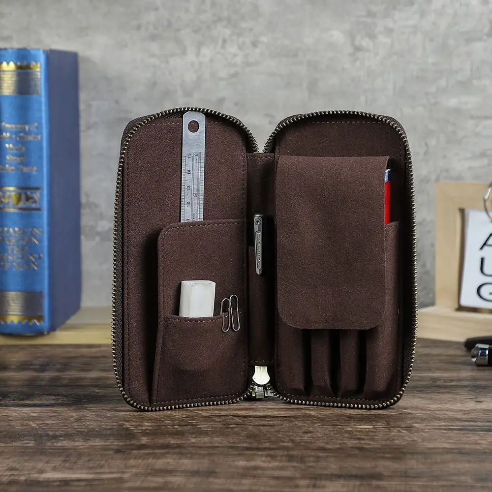 Handmade Leather Genuine Leather Pencil Case 4 Slots Design Vintage Style Pen Case Crazy Horse Leather Pencil Organizer Bag