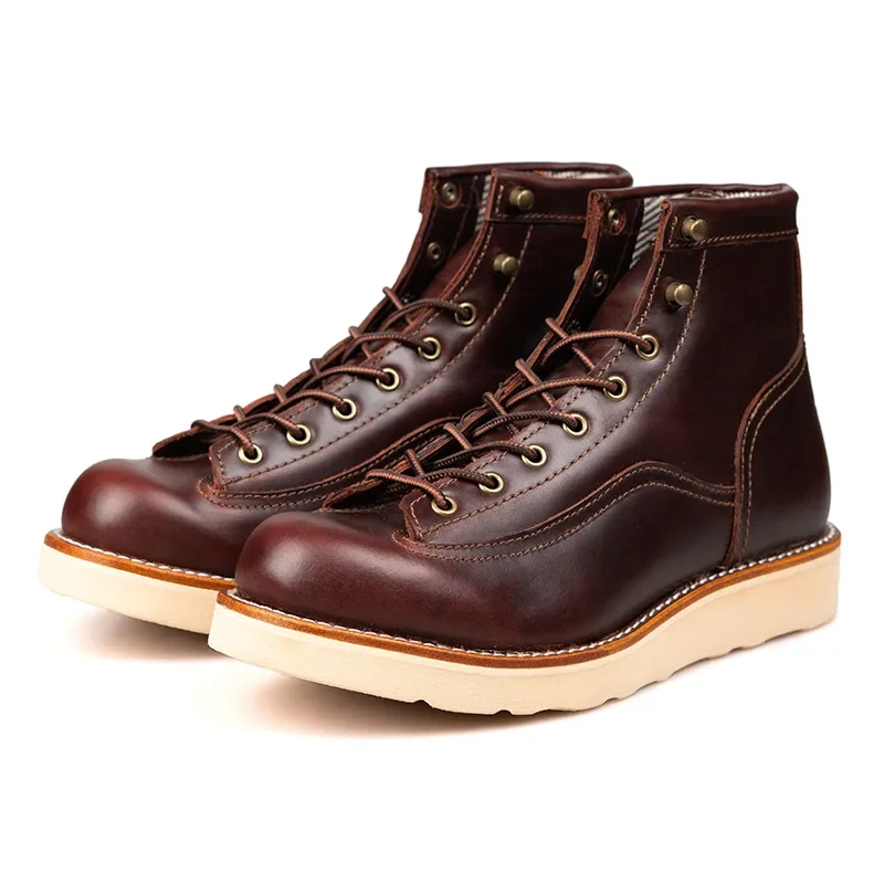 Handmade Vintage Lace-Up New Genuine Leather Platform Men Ring Black Red Ankle Boots Dress Work Casual Motorcycle Boots